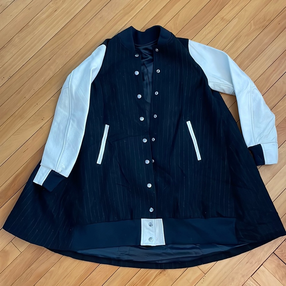 SACAI striped navy wool STAJAN leather baseball jacket Size: 1 small